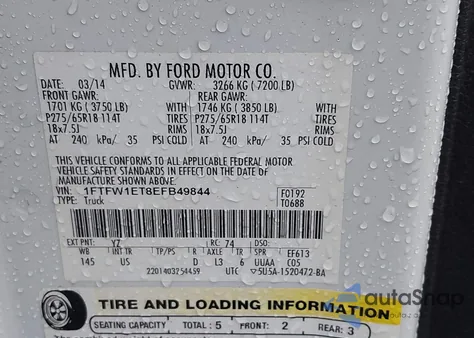 2014 Ford F-150 Xlt from USA, damaged, VIN 1FTFW1ET8EFB49844